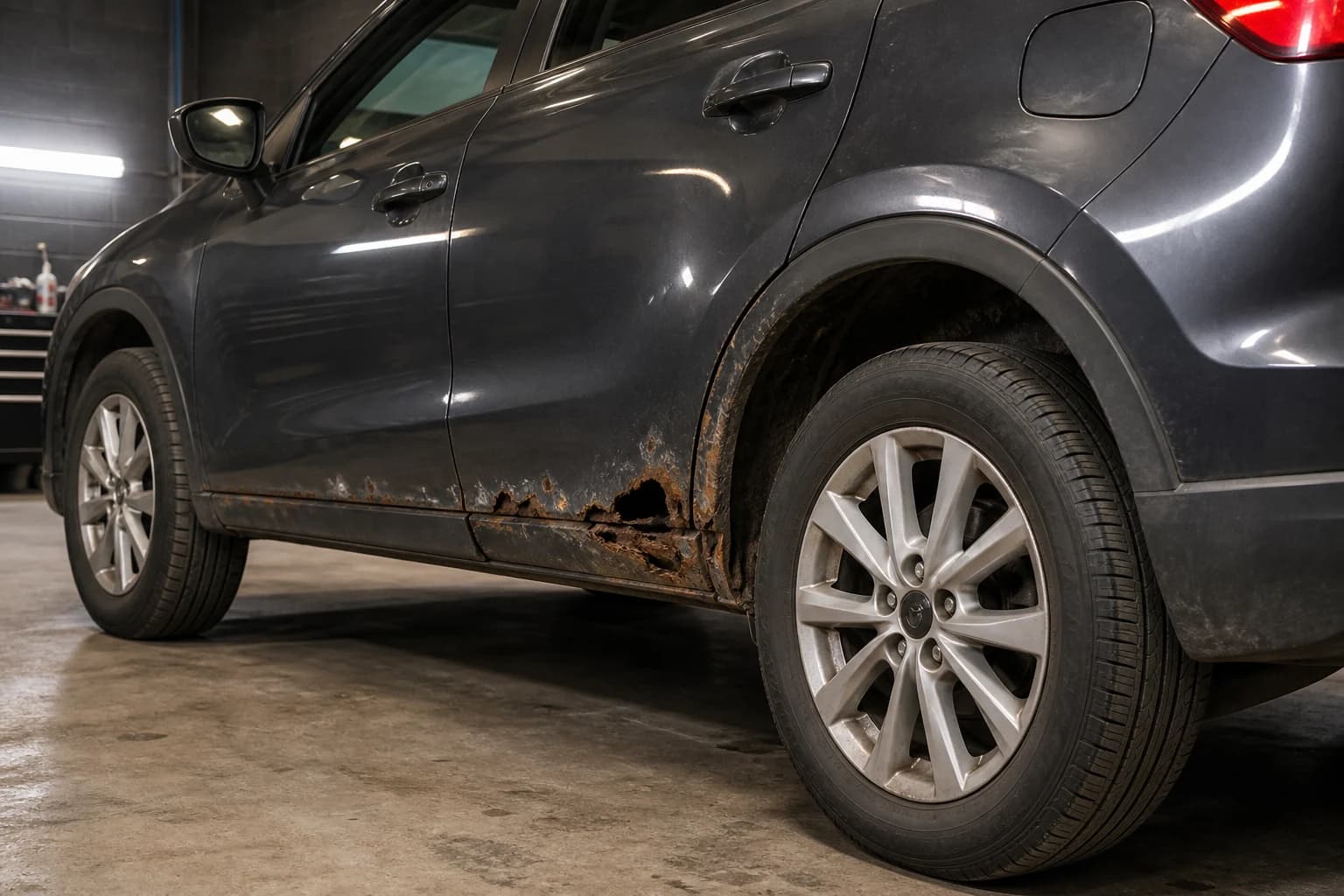 Сгенерированный демонстрационный визуал: коррозия порога и задней арки до ремонта